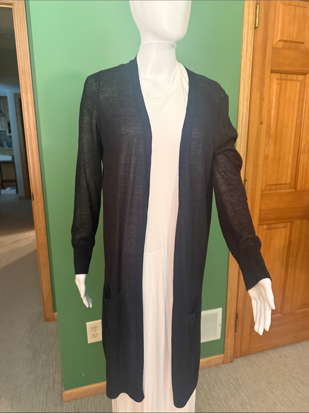 Halogen Black Long Linen Blend Open-Front Women's Cardigan with Pockets